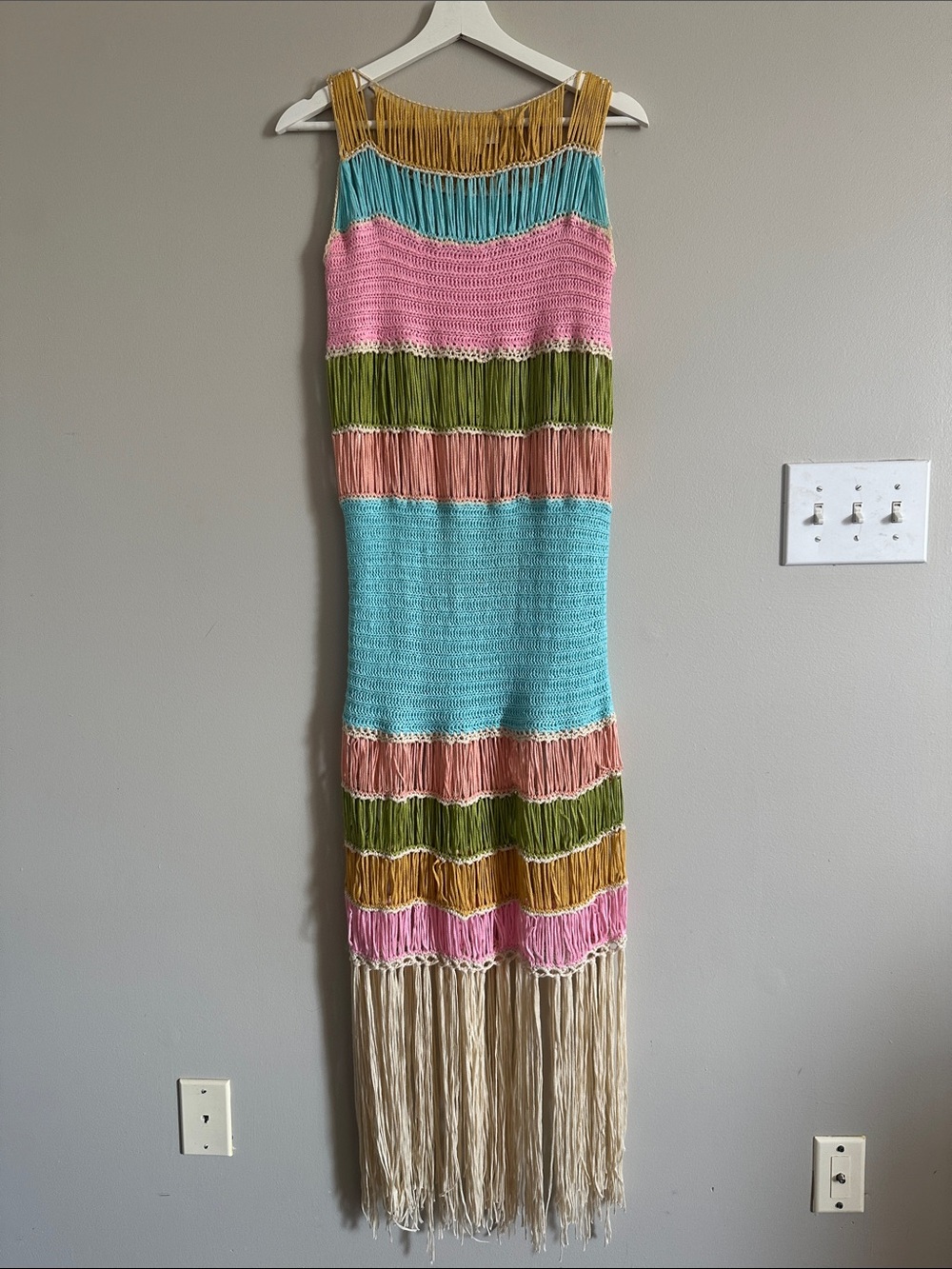 Crochet Fringed Striped Knit Midi Dress in Multicolor - Picture 9 of 10